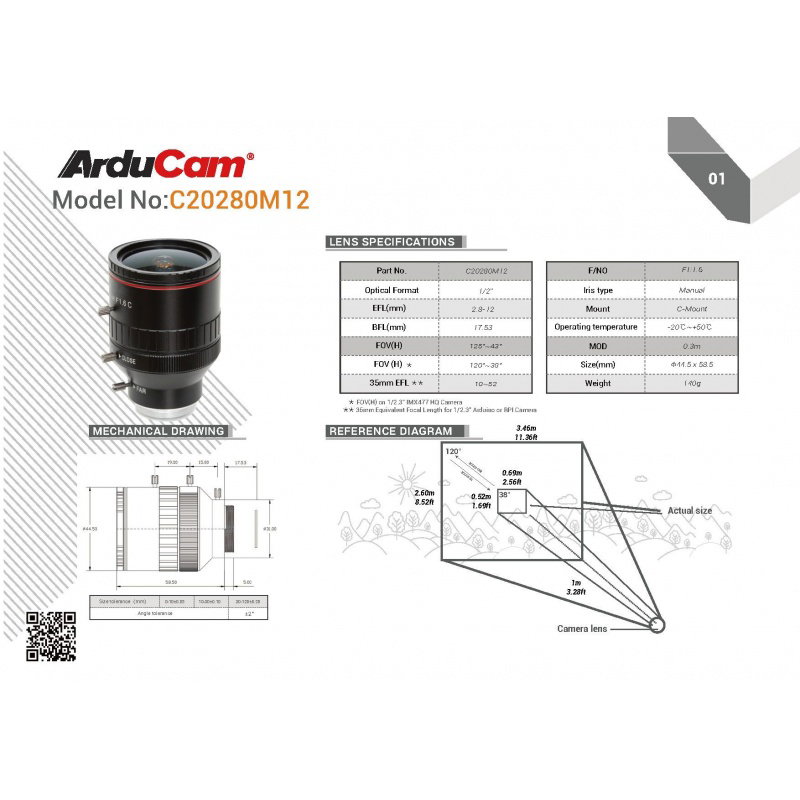 C-Mount 2,8–12 mm Varioobjektiv – ArduCam LN049