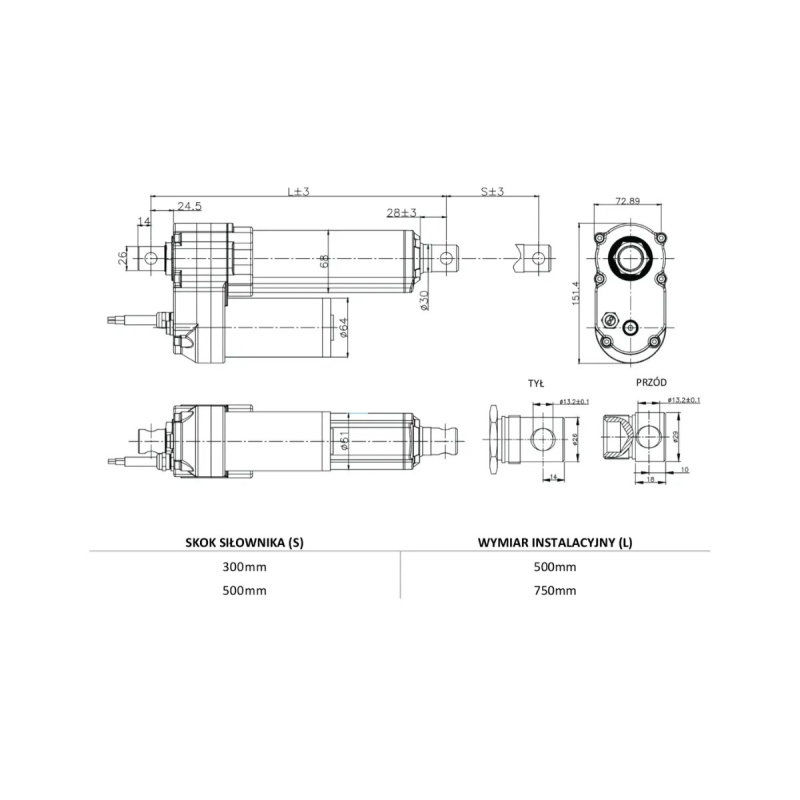 Siłownik liniowy 24V LA50 7000N 8,5mm/s 24V - wysuw 50 cm