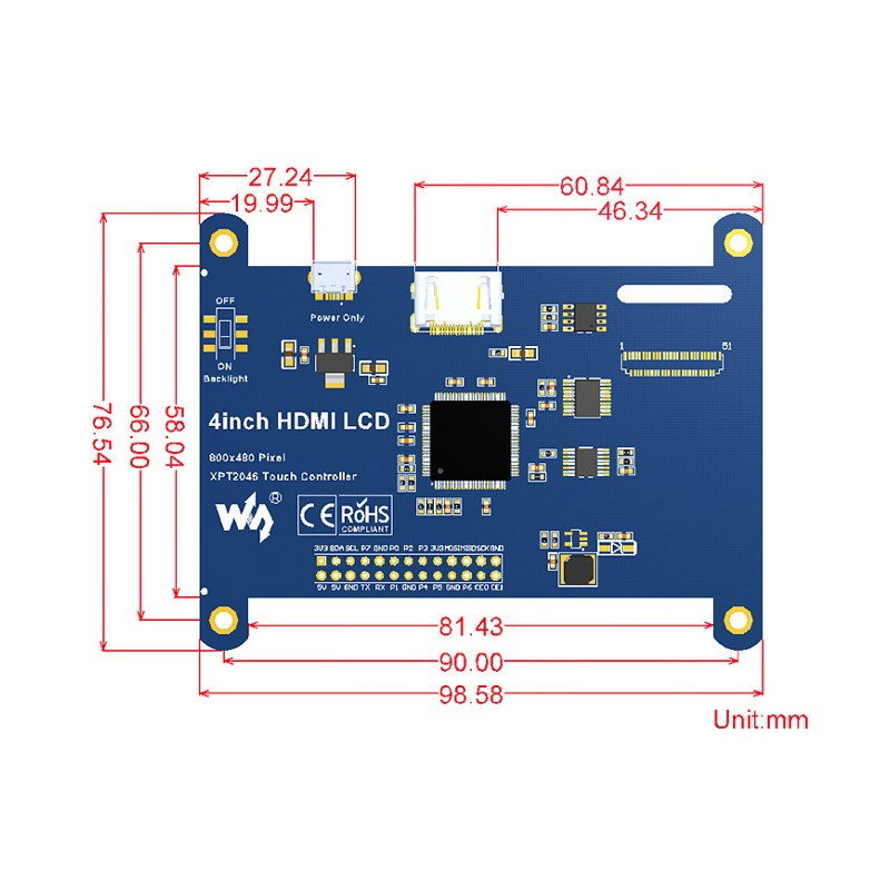 Resistiver Touchscreen LCD 4 '' 800x480px IPS HDMI + GPIO für Raspberry Pi 3/2 / B +