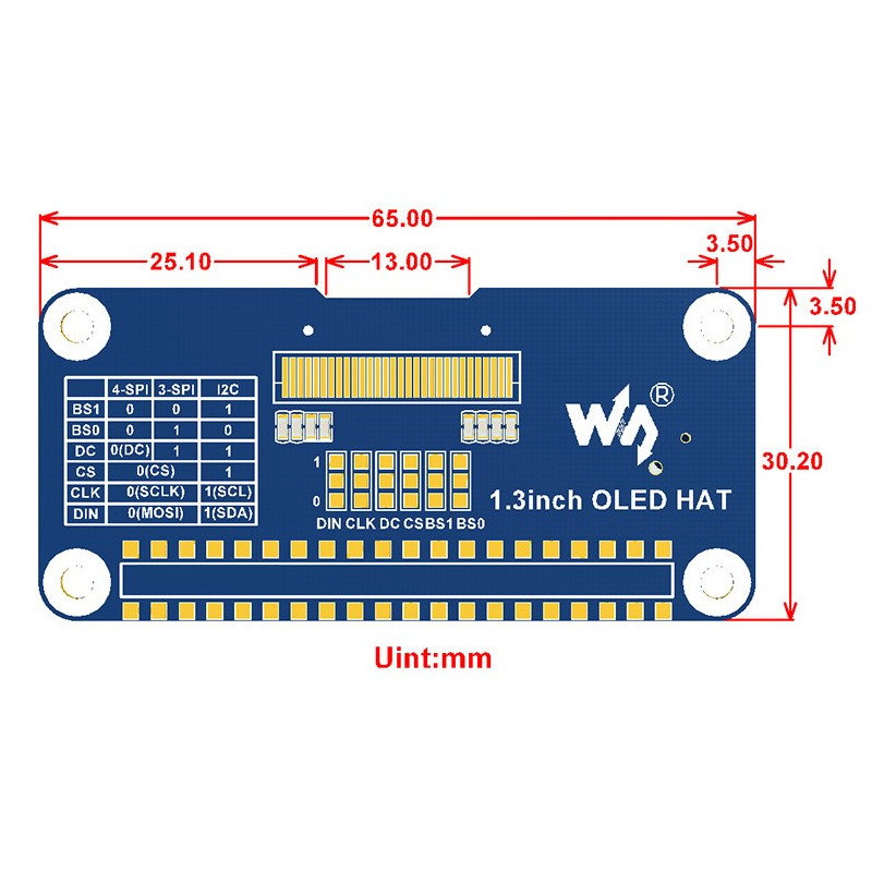 Waveshare OLED 1,3'' 128x64px SPI I2C - Overlay mit Display für Raspberry Pi 3/2 / Zero *