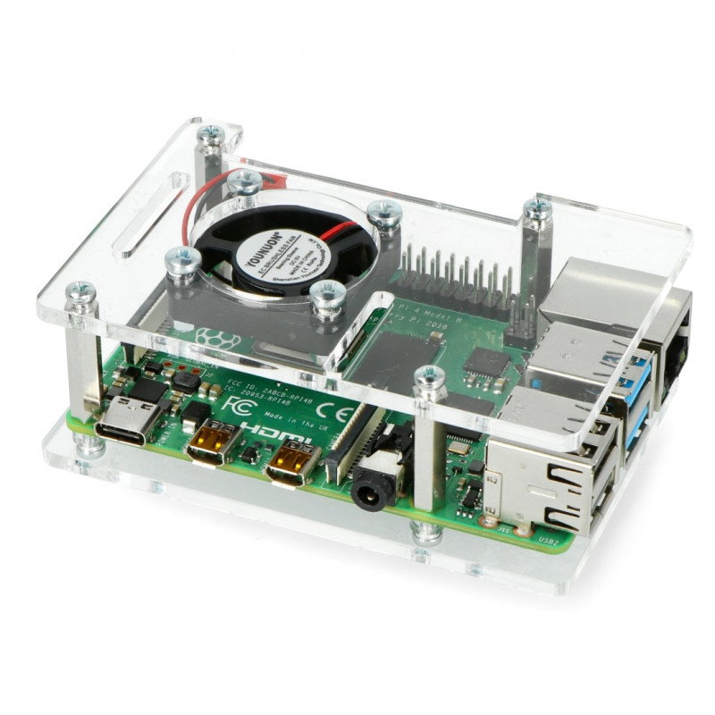 Gehäuse für Raspberry Pi Modell 4B / 3B + / 3B / 2B offen mit Lüfter - transparent
