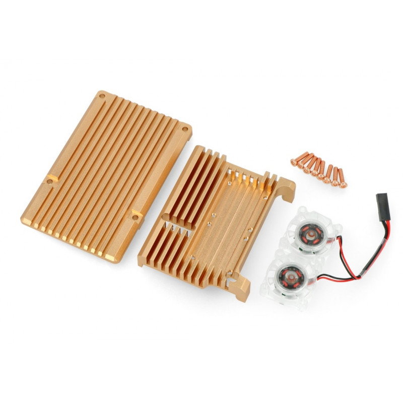 Gehäuse für Raspberry Pi 4B mit 2 Lüftern - Metall - Gold