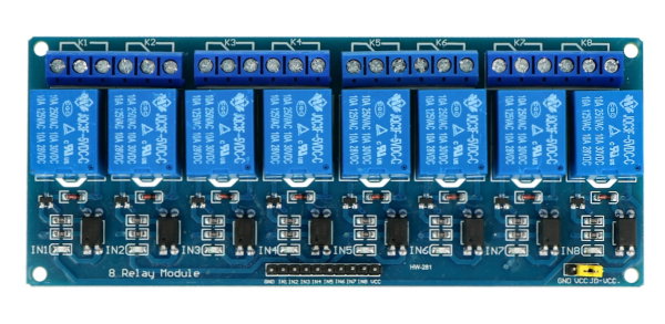 8-Kanal Relaismodul mit Optoisolation - 10A / 250VAC Kontakte - 5V Spule - blau