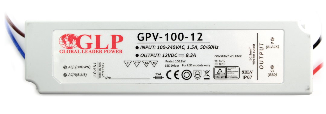 Wasserdichtes Netzteil für LED-Streifen und Bänder GPV-100-12 - 12V / 8,3A / 100W - detaillierte Informationen