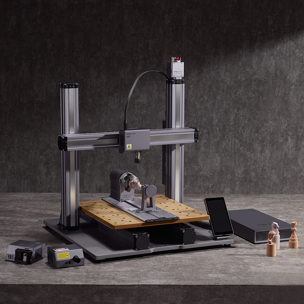 Das Drehmodul arbeitet vollständig mit dem Not-Aus-Taster des Geräts und dem Gehäuse für den Snapmaker 2.0 A250 zusammen.