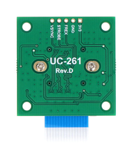 Moduł kamery do raspberry pi leży odwrócony na białym tle.