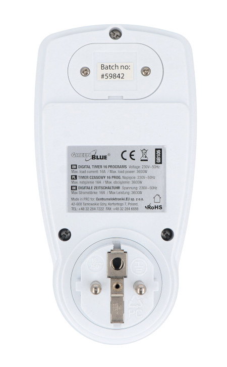 Programator czasowy cyfrowy 220 - 240 V 3600 W - Green Blue GB105 - widok z tyłu