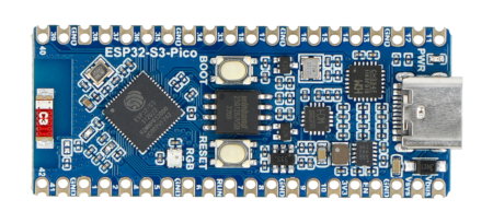 Płytka rozwojowa esp32-s3-pico leży na białym tle.