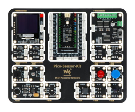Zestaw czujników do Raspberry Pi Pico leży na białym tle.