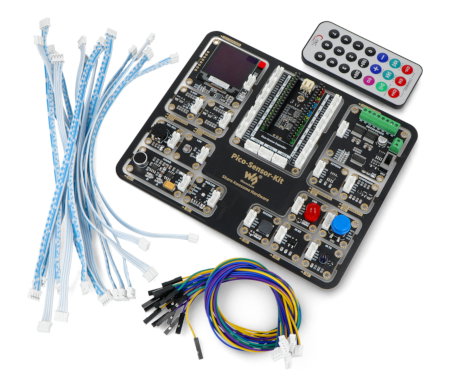 Zestaw czujników do Raspberry Pi Pico leży na białym tle wraz z elementami zestawu.