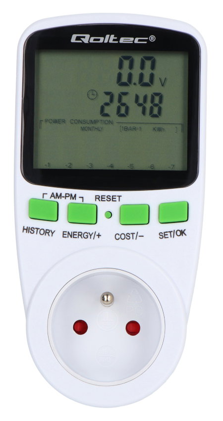 Das Qoltec-Wattmeter ist ein praktisches und kompaktes Gerät, das eine präzise Messung des Stromverbrauchs und die Kontrolle